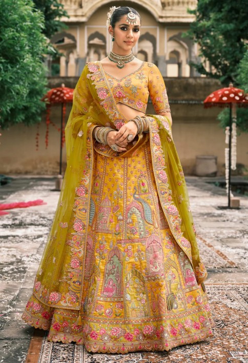 Yellow & Green Fancy Silk Lehenga Choli With Cut Work Embroidery Border & Stone Work